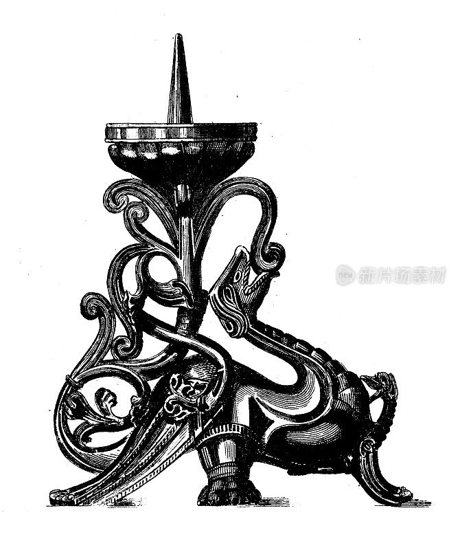 古董雕刻插图，文明:烛台，12世纪