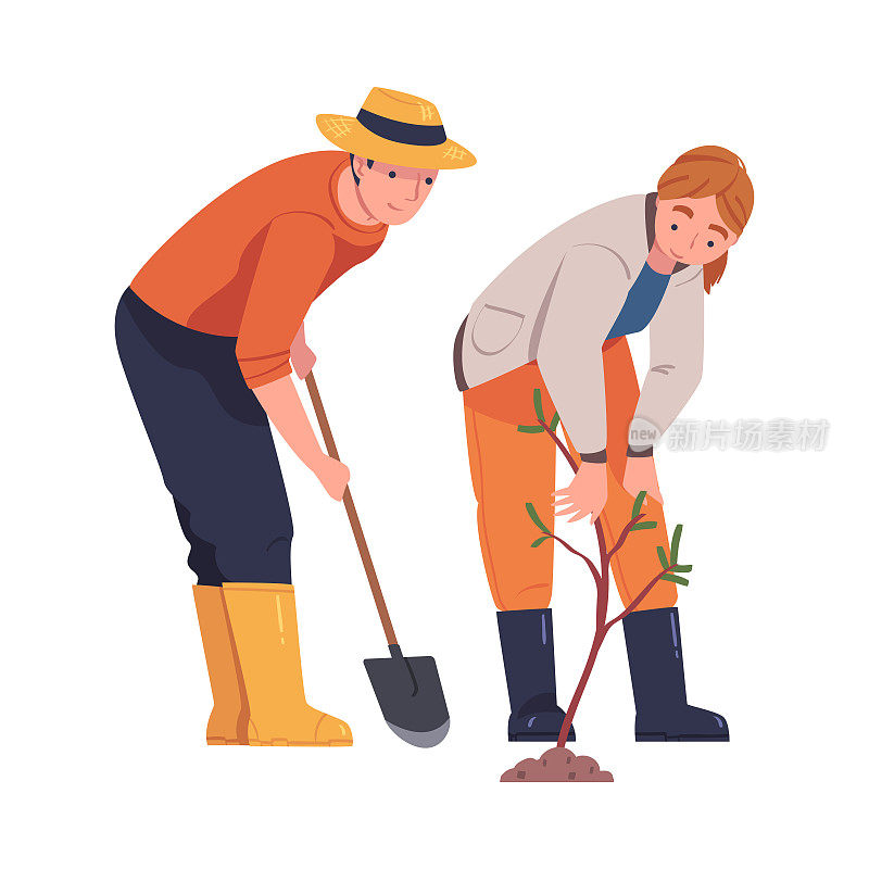 男人和女人的性格种植树木树苗在土壤中照顾地球和自然矢量插图