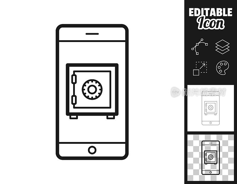 有保险箱的智能手机。图标设计。轻松地编辑