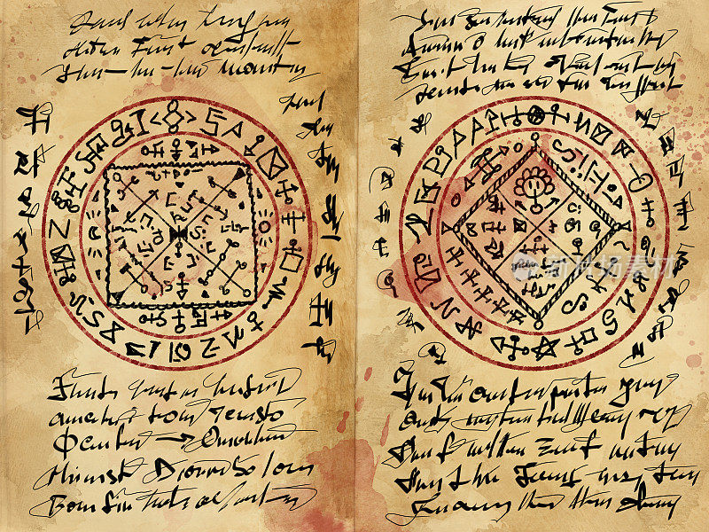 数字插图手绘。巫术打开旧书与魔法咒语，巫术和神秘符号。