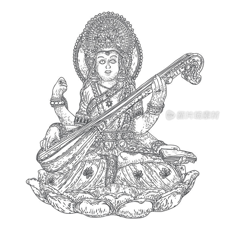 为印度瓦桑·潘查米·普贾手绘的萨拉瓦蒂女神插画。她是学习、音乐、艺术和智慧的女神。向量。
