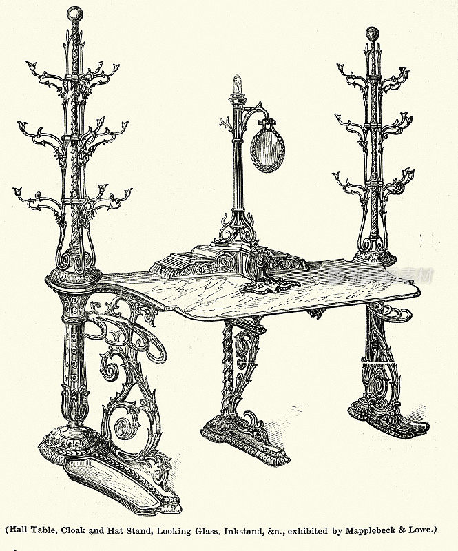 大厅桌子，斗篷和帽子架，镜子，墨水瓶，维多利亚英国家具，19世纪，40年代