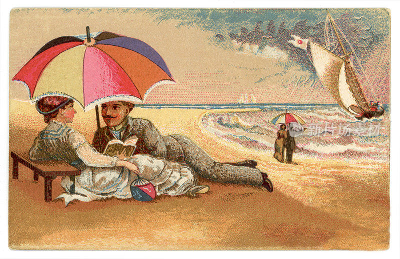 维多利亚时代一对夫妇在海滩上阅读的彩色照相术