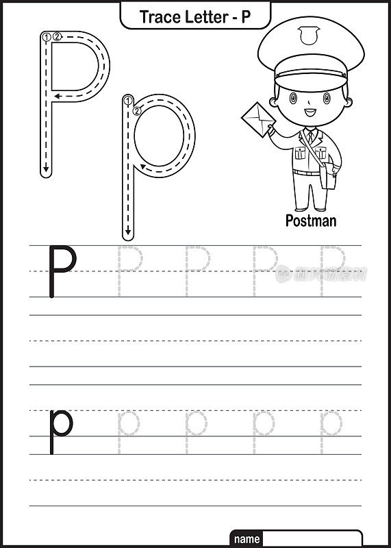 字母追踪字母A到Z学前工作表与字母P邮差亲