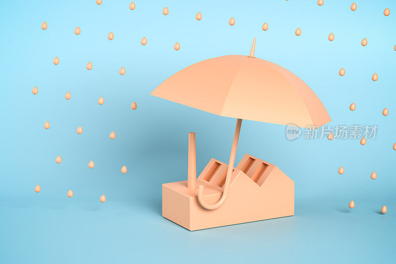 保护或保险的概念:一个极简的工厂在一个开放的雨伞下，保护它免受雨淋。