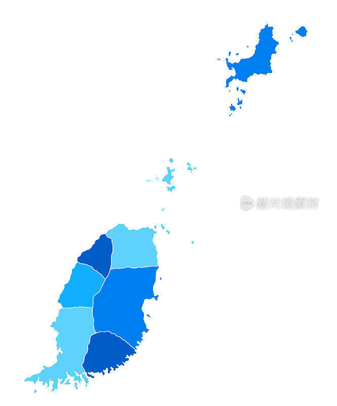 格林纳达高详细蓝色地图与地区