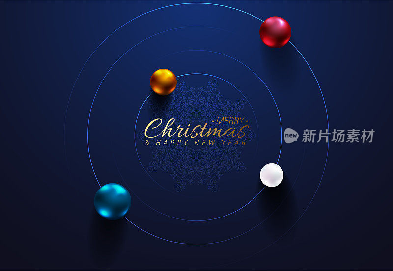抽象的圣诞豪华贺卡。金属球围绕着金色圣诞快乐和新年快乐雪花中心深蓝色背景。闪亮的球体未来的矢量设计