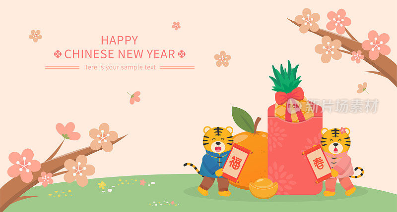 可爱的老虎为中国新年生肖与红色信封和橙色，矢量卧式海报与梅花或樱花