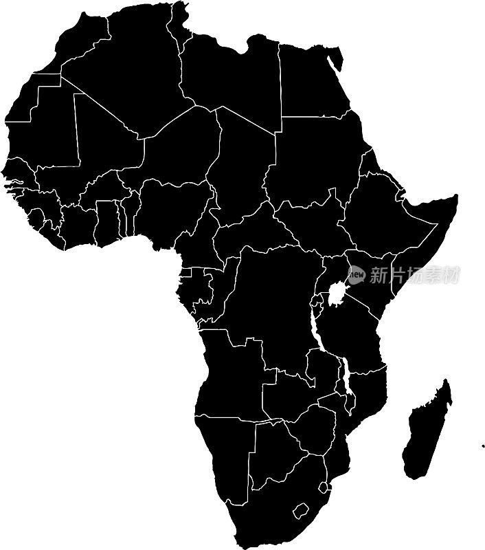 黑色非洲轮廓图。非洲政治地图。矢量图
