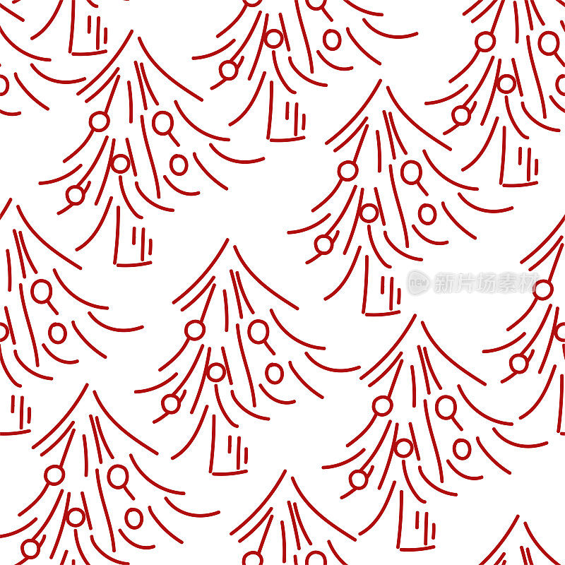 向量。手绘无缝圣诞图案，线性圣诞树背景。为排版产品设计模板。极简的品牌，封面，明信片，包装纸。