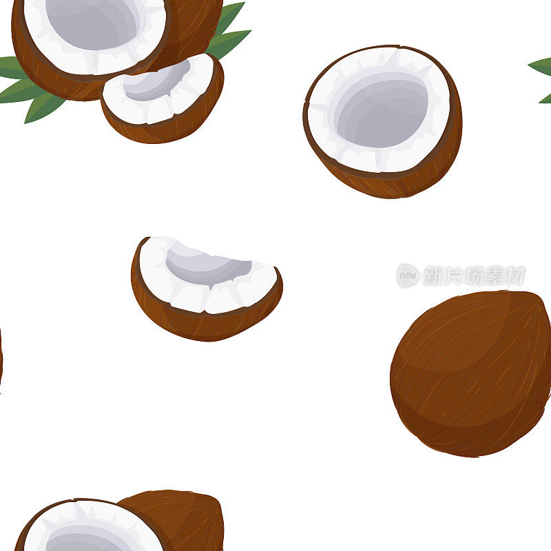 无缝的椰子图案。切开的椰子。椰子产品包装图案