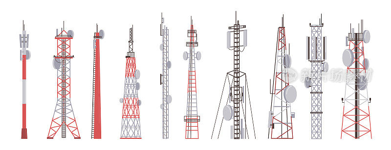 无线电塔式通信技术天线图标集。矢量插图高耸的广播设备孤立在白色上。在城市中建设具有网络的无线信号站
