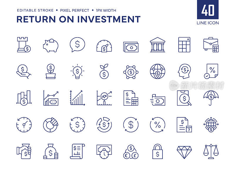 投资回报线图标集包含财务策略，储蓄，信用评分，资本，银行，利润等图标。
