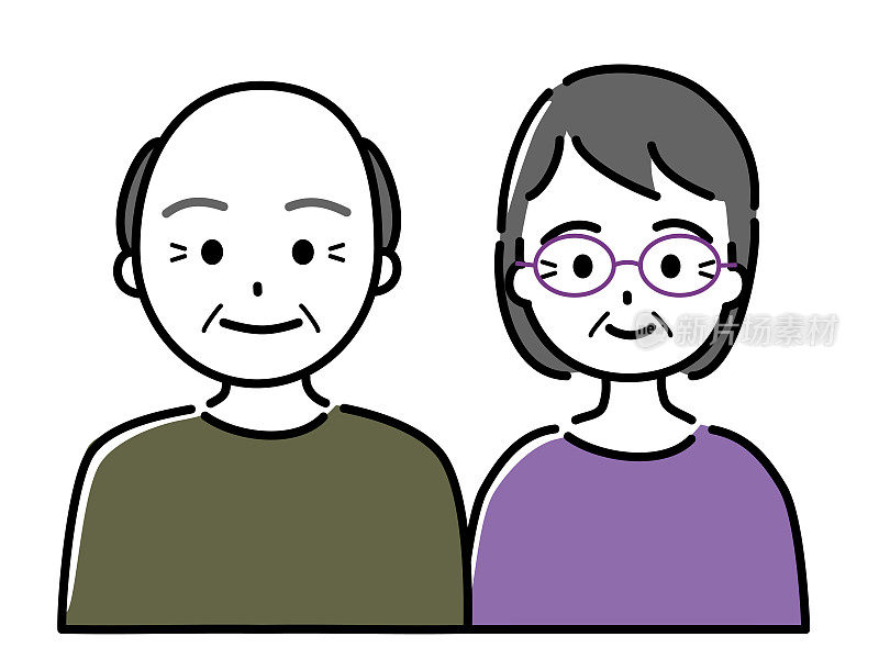 一对面带微笑的老夫妇(丈夫头发稀疏，妻子戴眼镜)