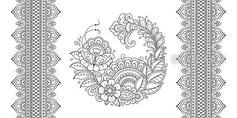 无缝图案的曼海地花和边框的指甲花绘画和纹身。装饰涂鸦点缀民族东方，印度风格。轮廓手绘矢量插图。