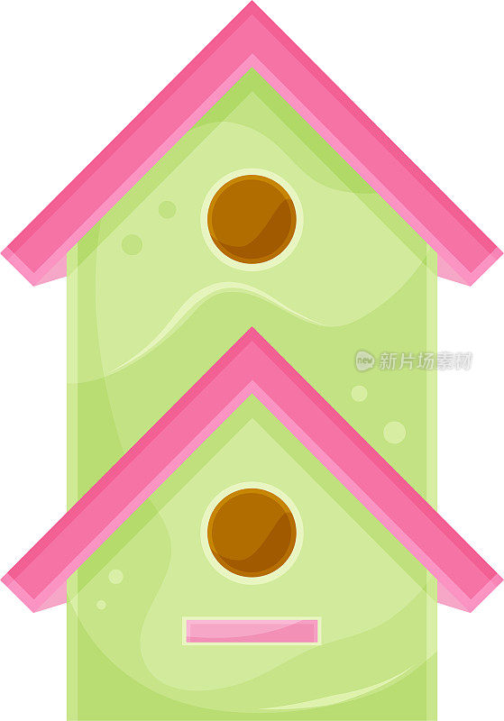 矢量插图可爱的绿色木鸟屋，邻居，小木屋，春天插图
