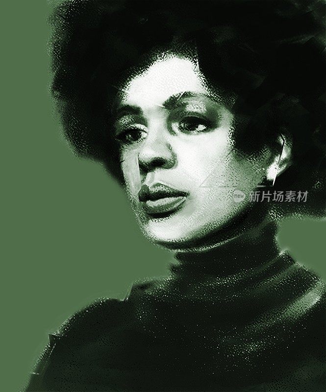 肖像的黑人妇女与浓密的黑色头发在复古风格