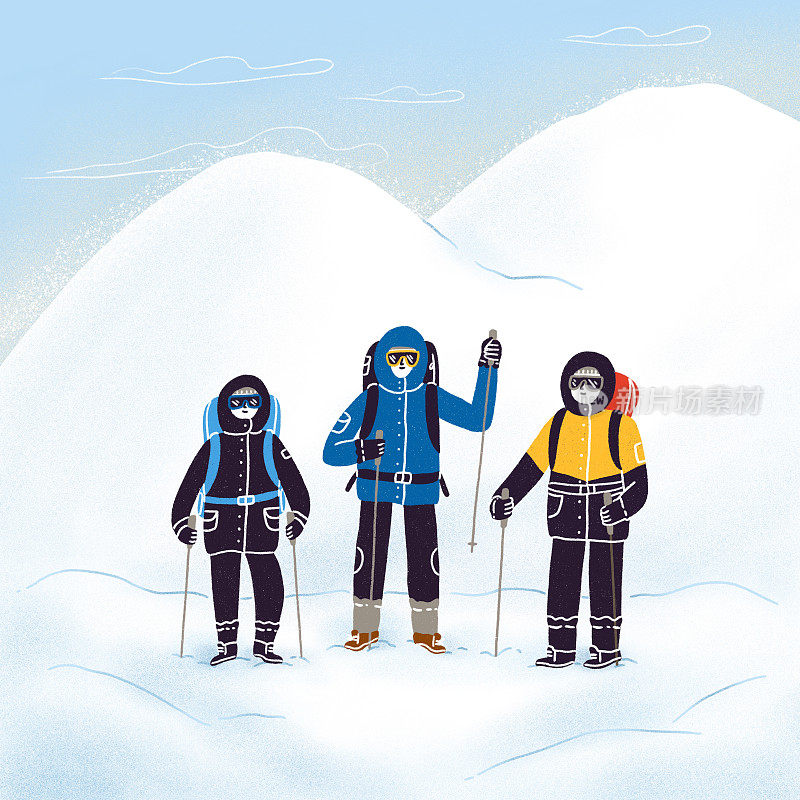 三个登山者站在山顶上