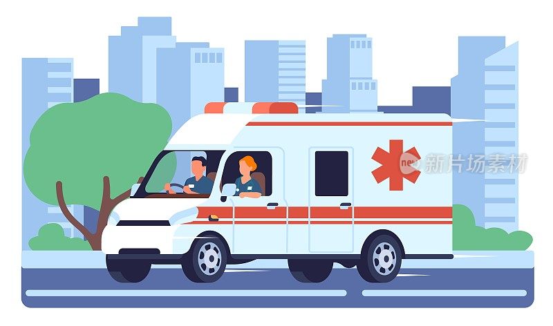 装有警报器的医疗车沿着大都会街行驶。救护车在高速公路上行驶。城市建筑和道路。医院交通。诊所里的医生。向量的概念