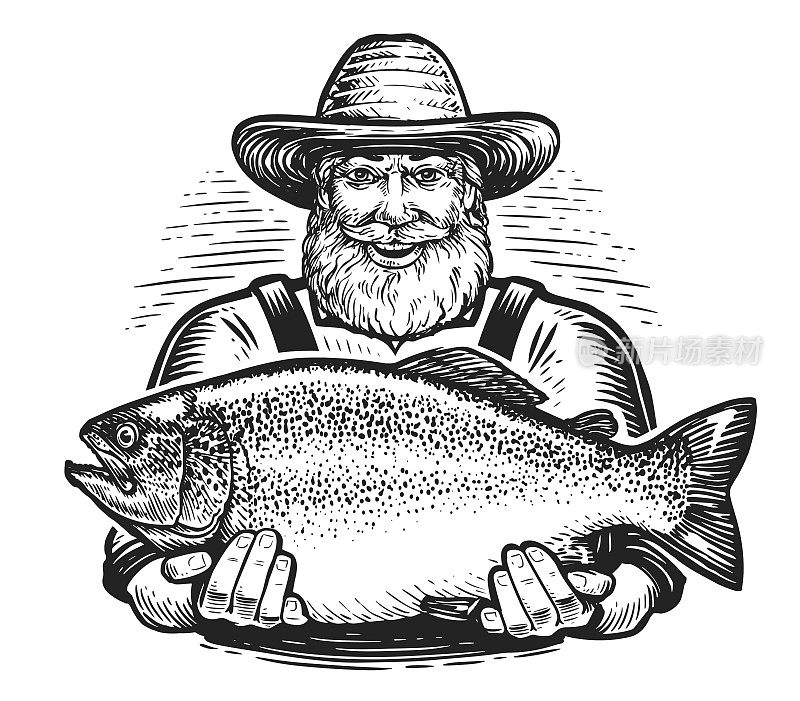 快乐的老渔夫钓到了大鱼。钓鱼的概念。手绘草图矢量插图