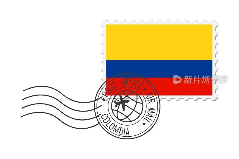 哥伦比亚邮票。明信片矢量插图与哥伦比亚国旗隔离在白色背景上。