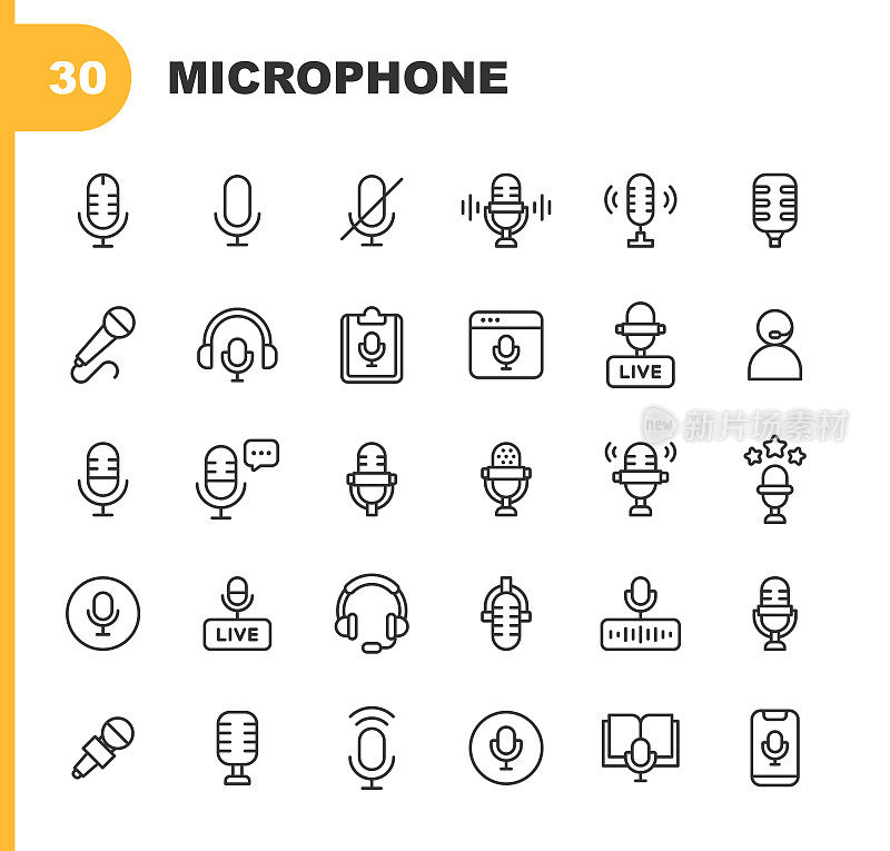 麦克风线路图标。可编辑的中风。包含音频,声音,音乐,语音,广播,播客,广播,直播,收听,唱歌,有声书,音频设备,DJ,播放音乐,卡拉ok等图标。