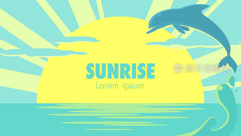 矢量插图的海上日出和海豚。夏季横幅背景与复制空间。