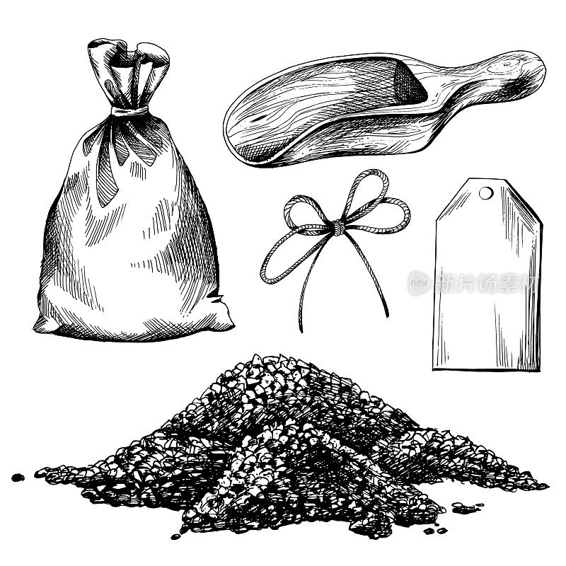 堆海盐木制勺，帆布袋，黄麻弓和纸标签。插图是手绘的图形。EPS矢量，一组孤立的对象在一个白色的背景