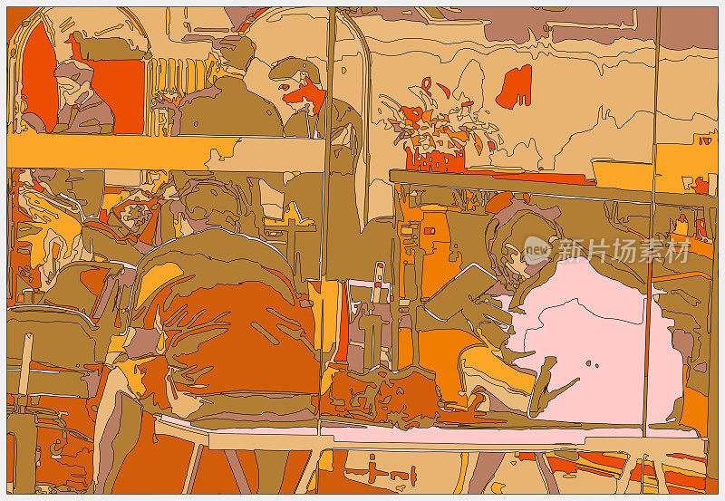 抽象日式风格线条画霓虹卡通场景背景，人坐在房间里