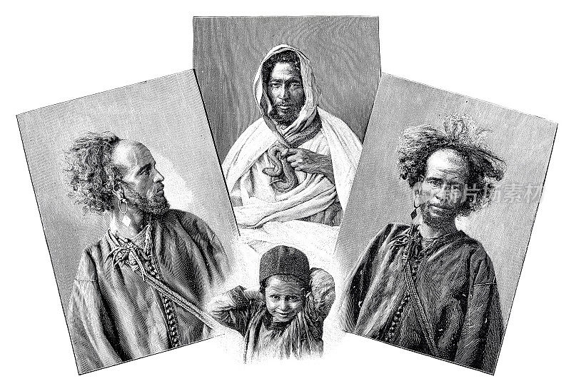 来自突尼斯的男性，两个托钵僧和一个耍蛇人，还有一个男孩