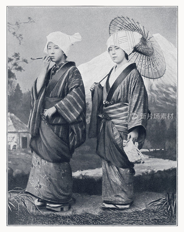 两个年轻的日本女人，半色调印刷，1900年出版