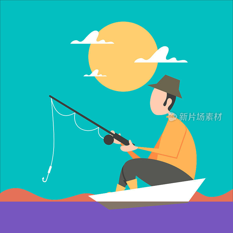 渔夫拿着鱼竿坐在船上。