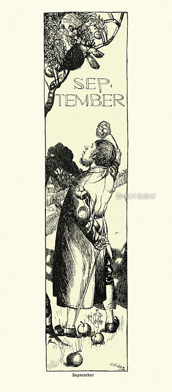 复古插图男子对苹果树上的小恶魔挥舞拳头，青年风格，新艺术风格，1890年代