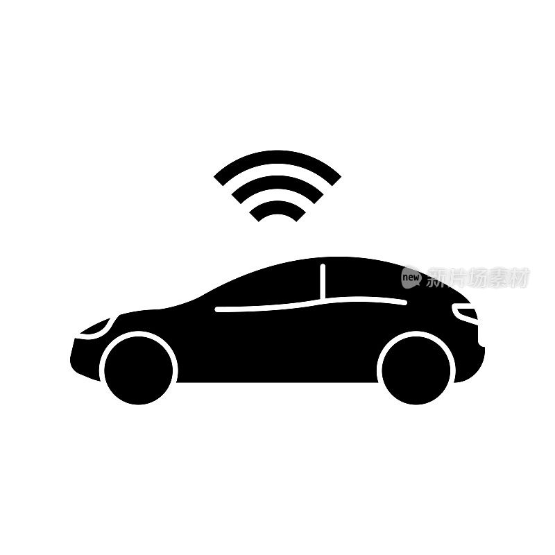 智能汽车固体图标设计在一个白色的背景。这个黑色的平面图标适用于信息图表、网页、移动应用程序、UI、UX和GUI设计。