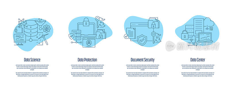 数据科学，数据保护，文档安全，数据中心入职应用程序屏幕矢量插图