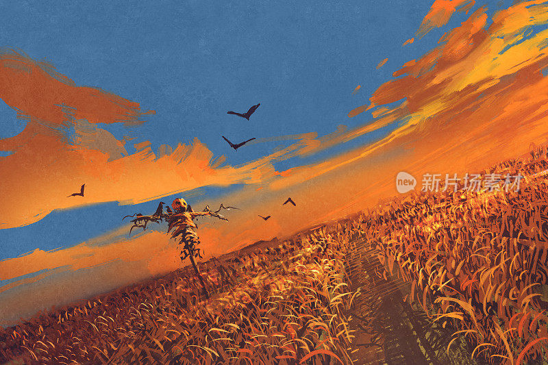 麦田里有稻草人和日落的天空