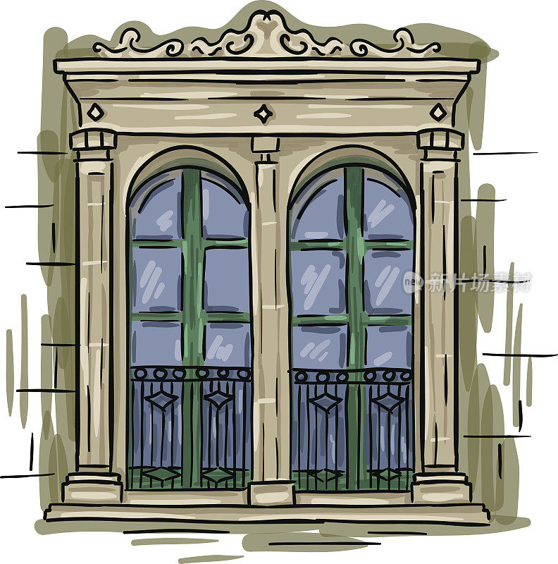 手绘双窗，绿框。复古艺术建筑窗