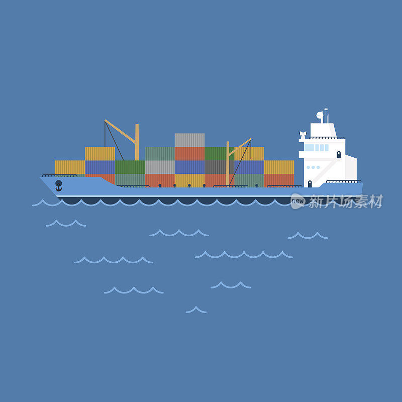 矢量插图驳船货船运输集装箱漂浮在海上