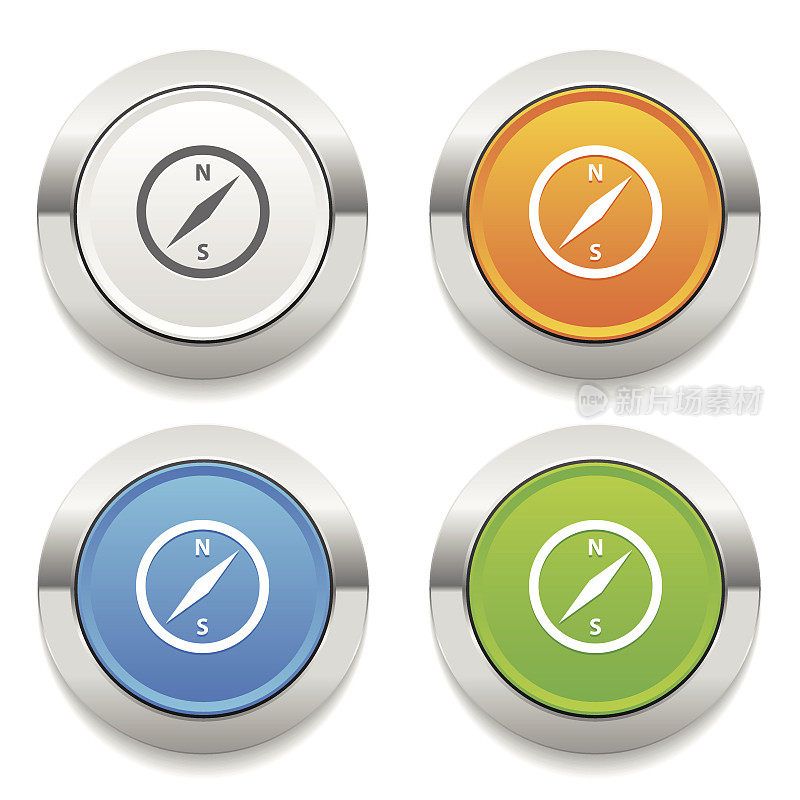 四色圆形按钮与罗盘图标和金属边框