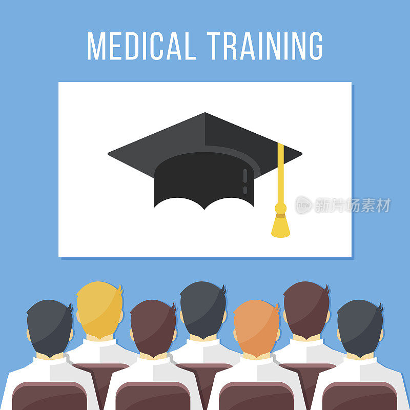 医学培训。一群卫生工作者坐在会议室里，带着学位帽的白板。医学教育的概念。现代平面设计矢量插图