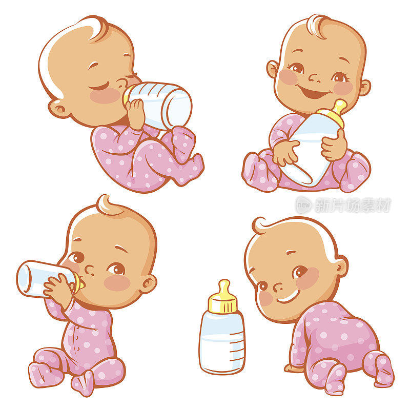 配上可爱的小宝贝和奶瓶。刚出生的女婴穿着粉红色的睡衣喝牛奶。用配方奶或母乳喂养新生儿。快乐的幼儿微笑，爬，坐，躺。矢量插图。