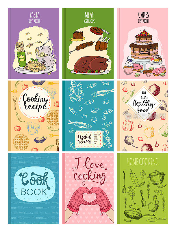 烹饪食谱书籍封面厨房设计卡片模板手绘烹饪饼干笔记与涂鸦厨房用具矢量插图