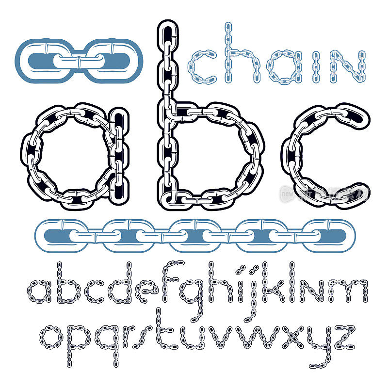 矢量型字体，文字从a到z。小写创意字母，abc用钢链制成链环，连接链环。