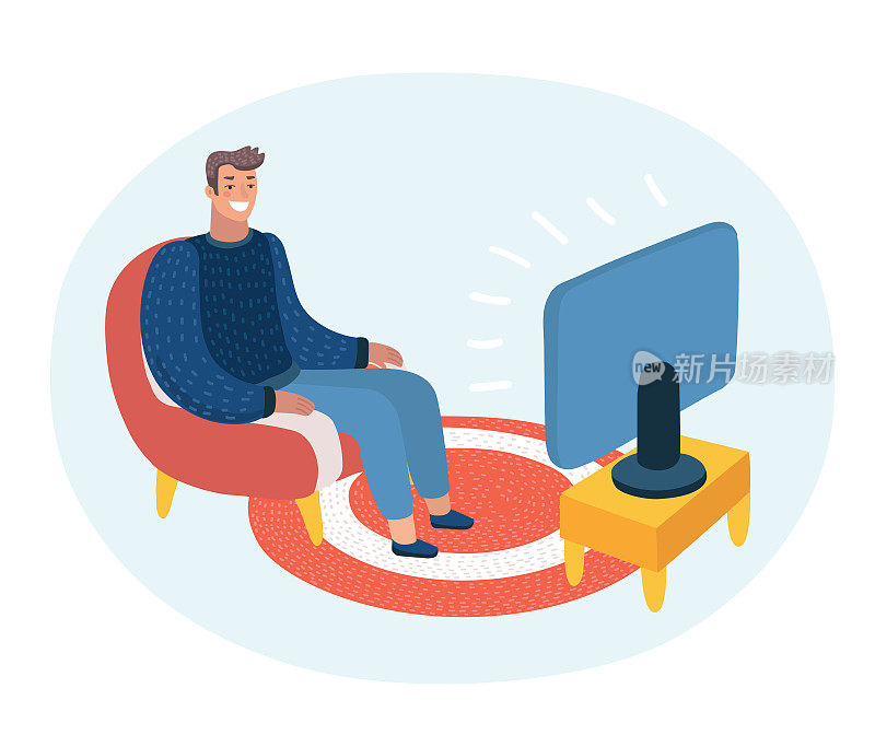矢量卡通搞笑插图的男人坐在沙发上看电视