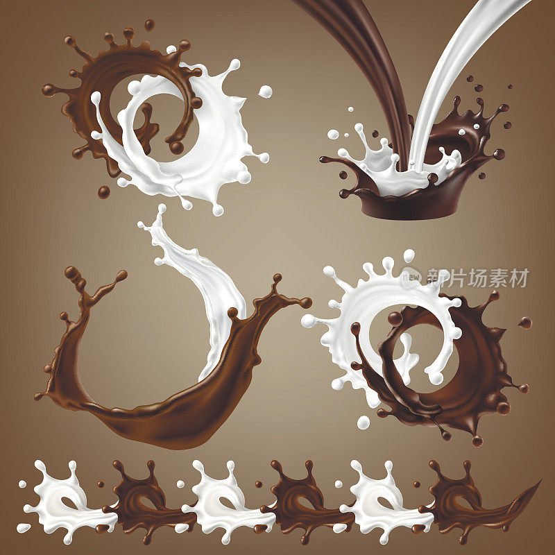 设置矢量3D插图，飞溅和滴融化的黑巧克力，热咖啡和牛奶流混合