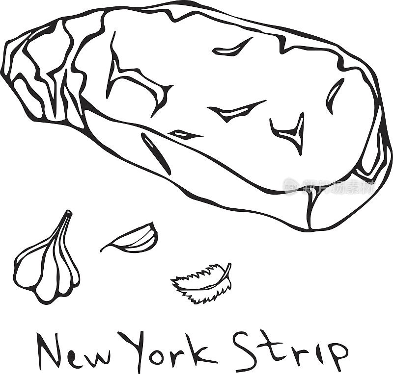 Striploin纽约Strip牛排切矢量孤立在白色背景。大纲