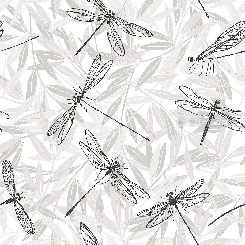 白底上的蜻蜓和小树枝。黑白无缝矢量模式