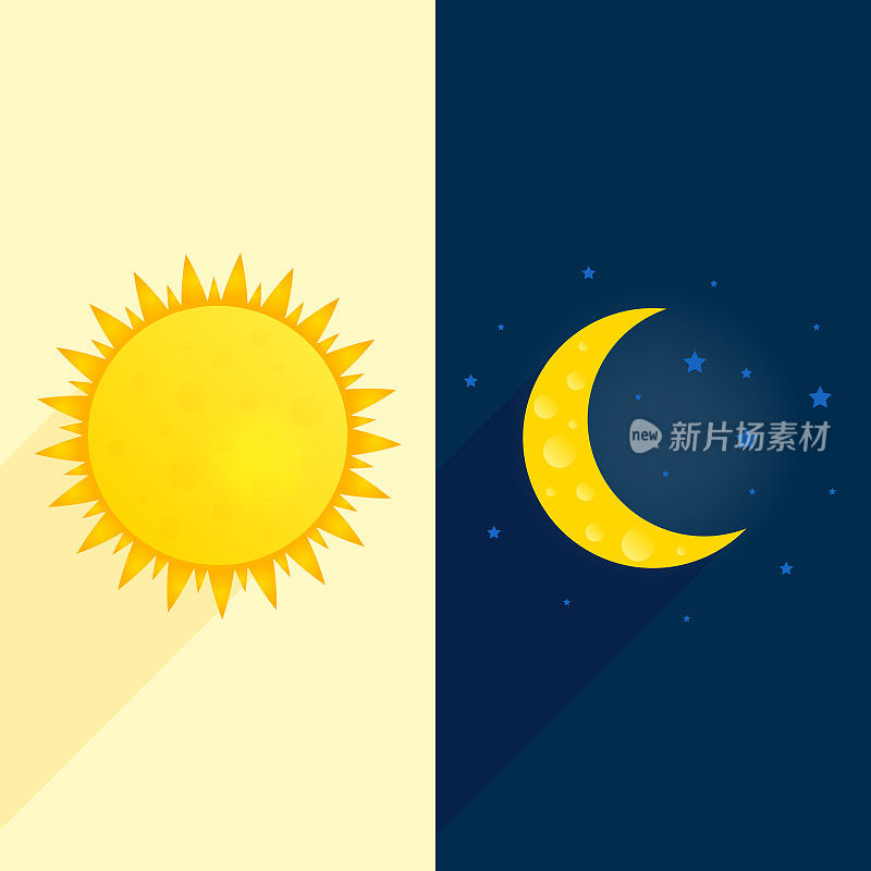 太阳，月亮，星条旗。白天和黑夜时间概念向量。阳光明媚的传单插图。天气背景。天气预报概念日间海报