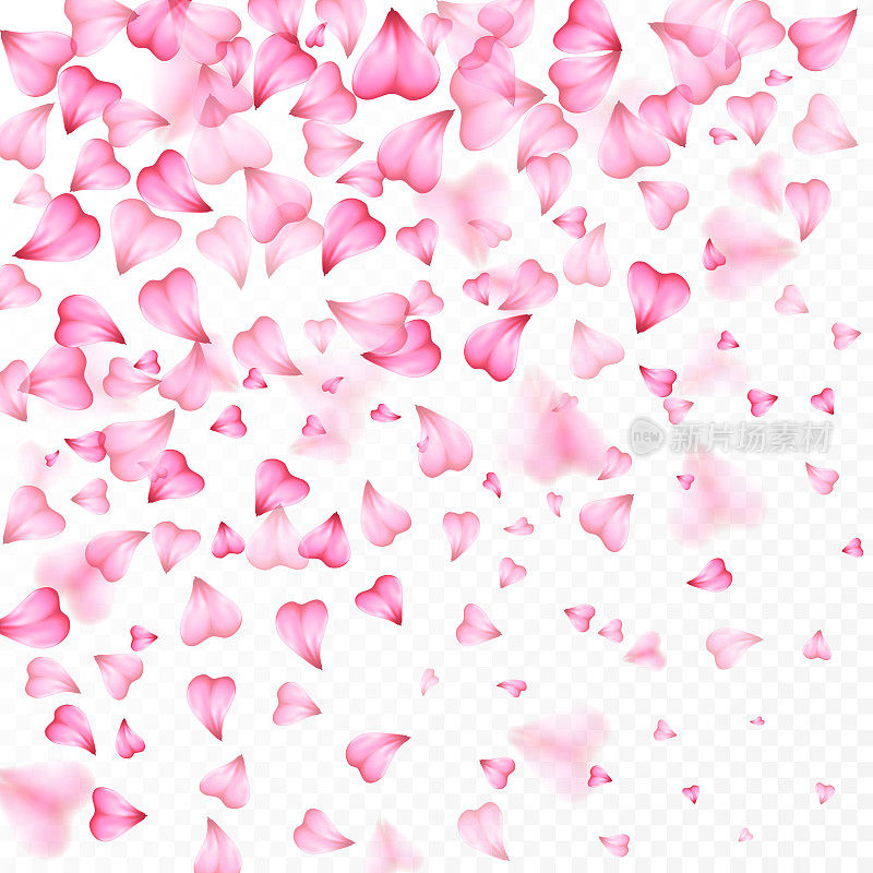 情人节浪漫的背景粉心花瓣落下。逼真的花瓣形状的心纸屑。爱的主题。婚礼项目。贺卡或礼品包的装饰元素