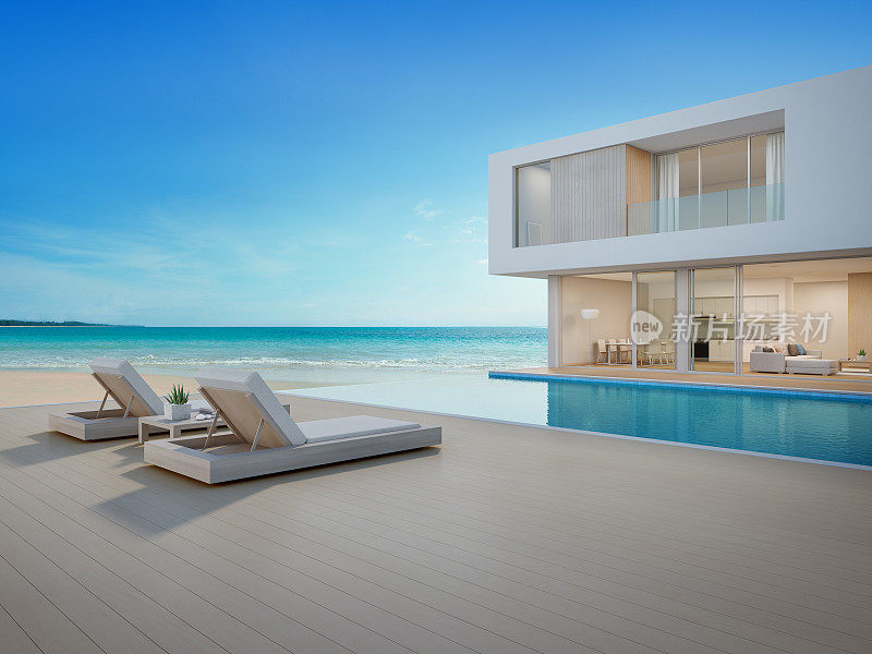 现代设计的豪华海滨别墅海景游泳池和露台，度假别墅或酒店木地板甲板上的躺椅-现代度假别墅外观的3d插图